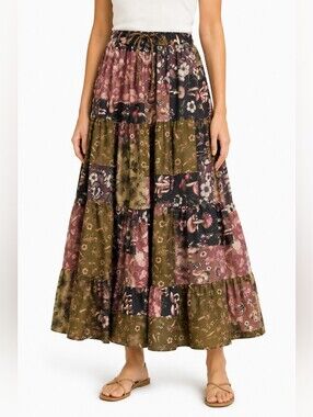 Thorn & Fable Cotton Patchwork tiered Midi Skirt Mushroom Fairycore Whimsical